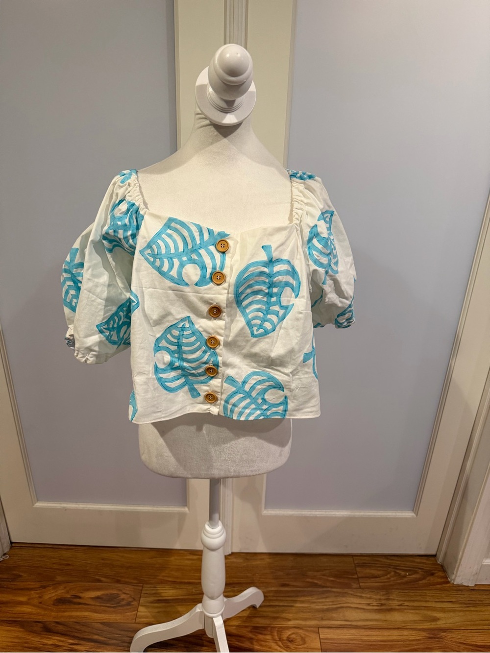 White Square-Neck Button Front Top with Aqua Leaf Print